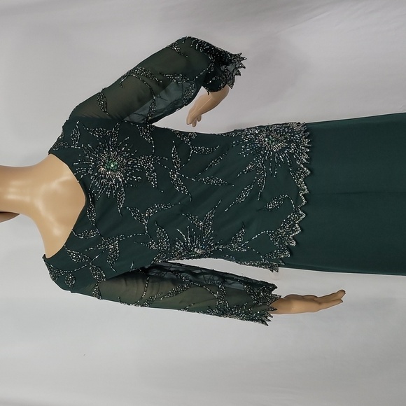 𝅺JKARA Hunter Asimetrical Green Chiffon Beaded  Embellished Gown - Picture 6 of 17